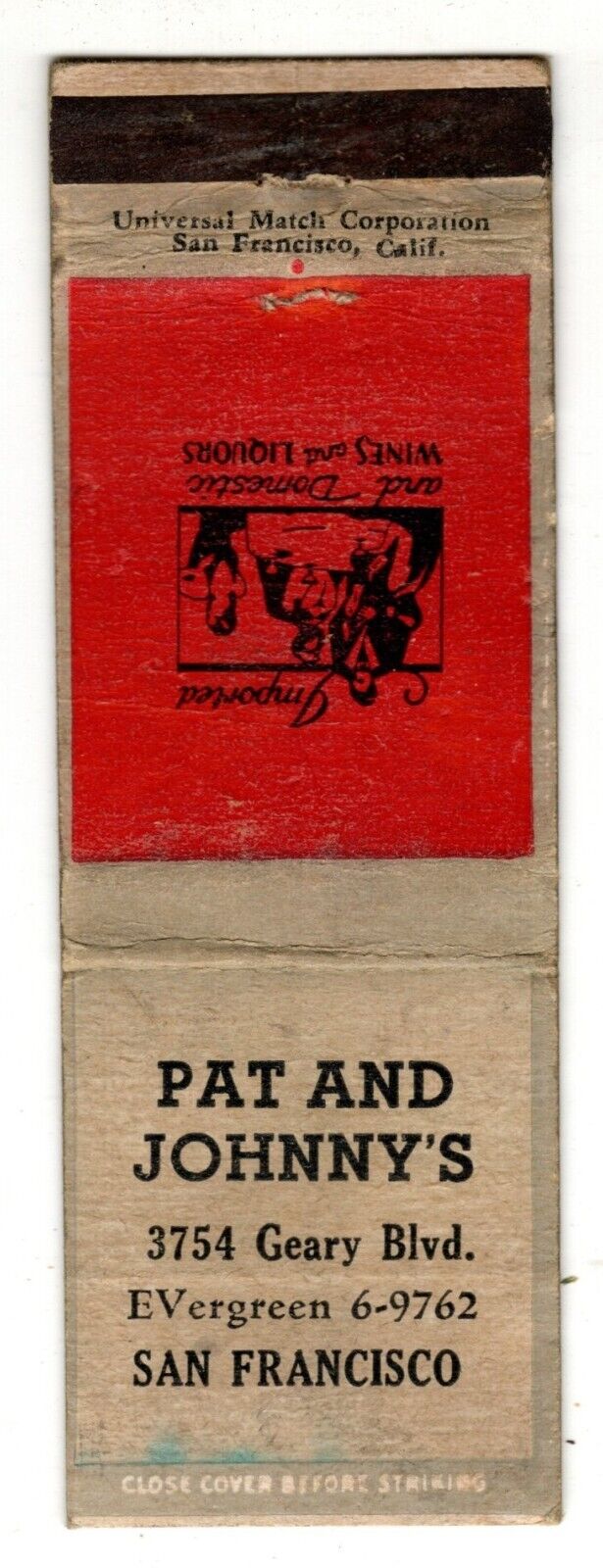 PAT AND JOHNNY\'S matchbook matchcover - SAN FRANCISCO, CALIFORNIA