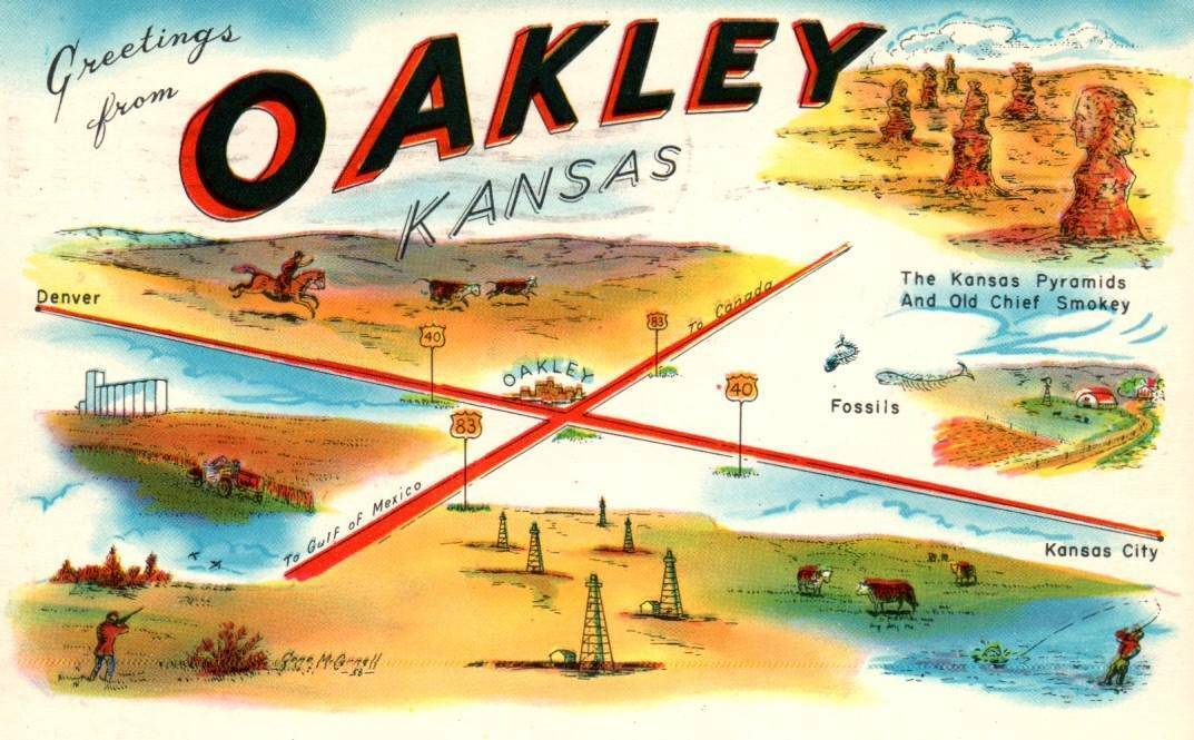 Large Letter Chrome OAKLEY KS Kansas Crossroads Old Postcard by