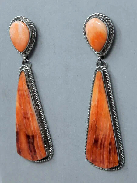 Navajo Sterling Silver, Orange Spiny Oyster Dangle Earrings Russell Sam