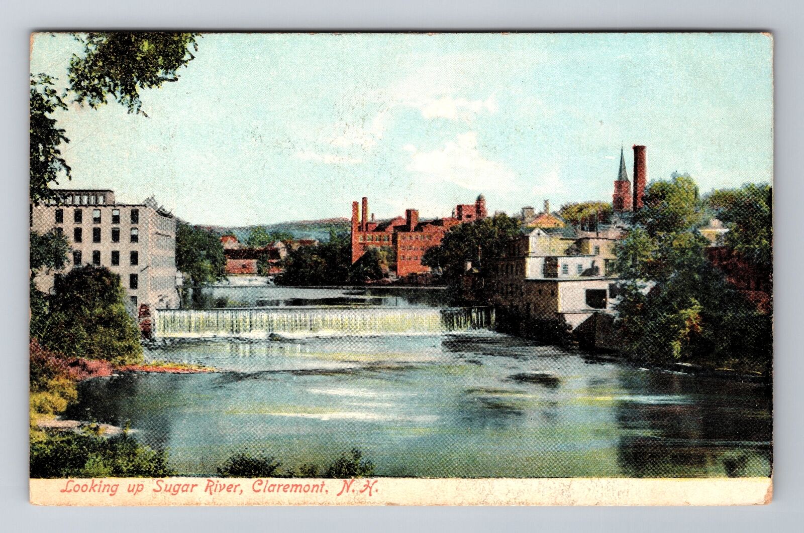 Claremont NH-New Hampshire, Looking Up Sugar River, Vintage c1909 Postcard