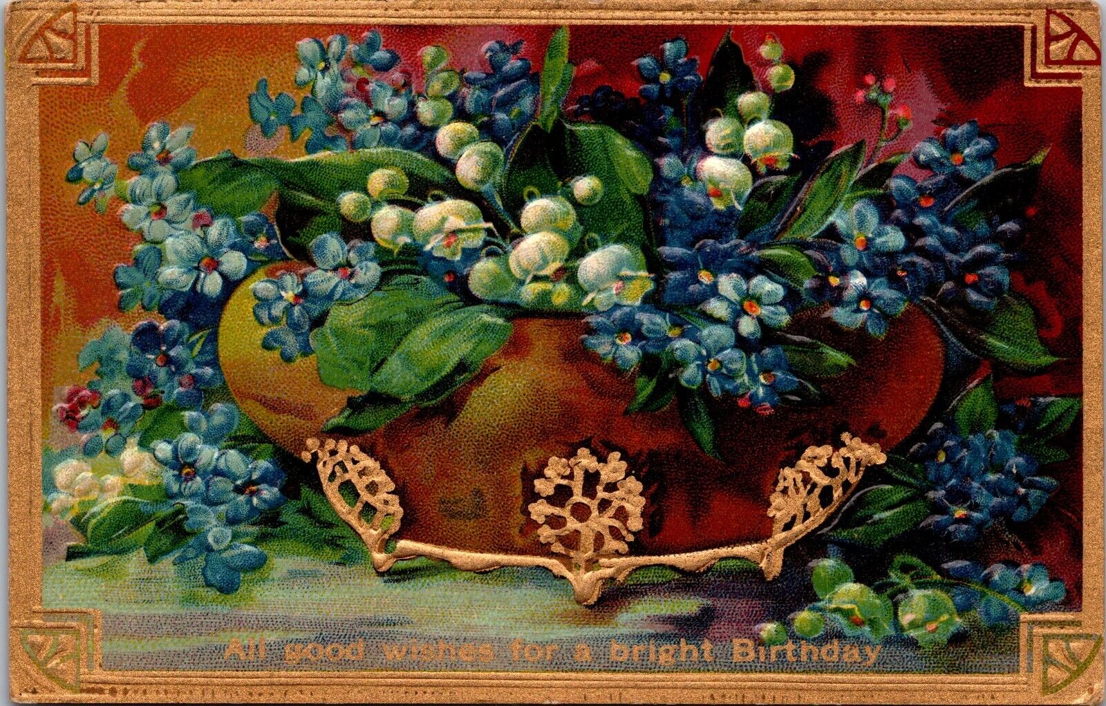 Postcard Happy Birthday Blue floral lily of the valley antique embossed postcard