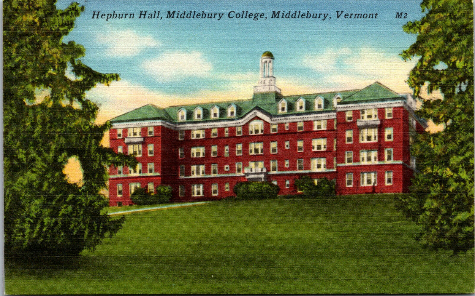 Vtg 1930s Middlebury College Hepburn Hall Vermont VT Unused Linen Postcard