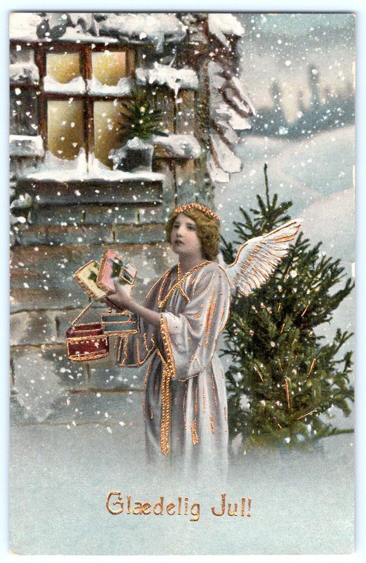 1917 GLAEDELIG JUL A MERRY CHRISTMAS ANGEL GOLD EMBELLISHED ANTIQUE POSTCARD