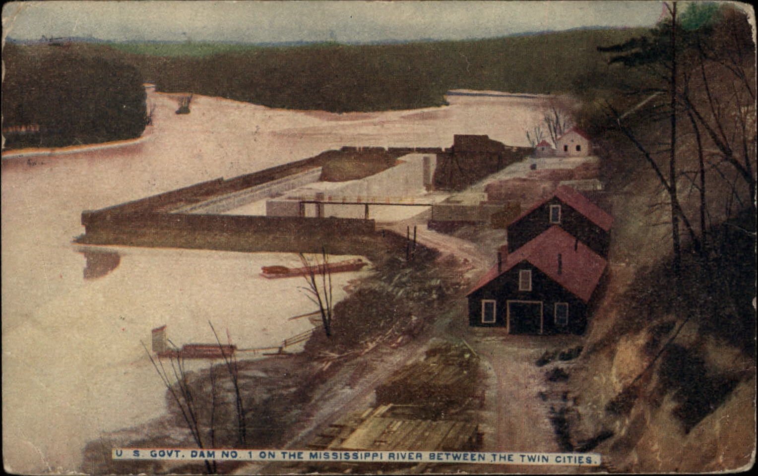 Government Dam Mississippi River between Twin Cities Minnesota ~ 1910 postcard