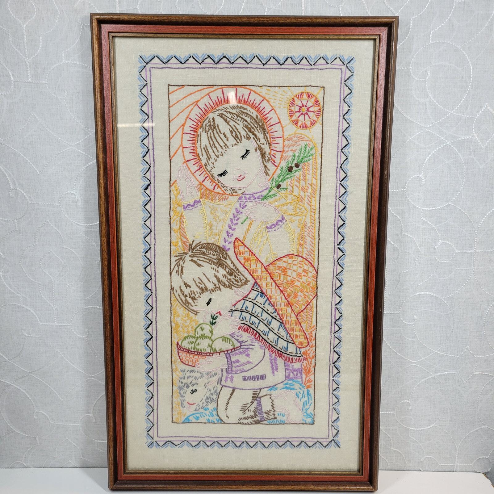 VINTAGE Finished Embroidery Religious Childrens Praying Kneeled Down Framed