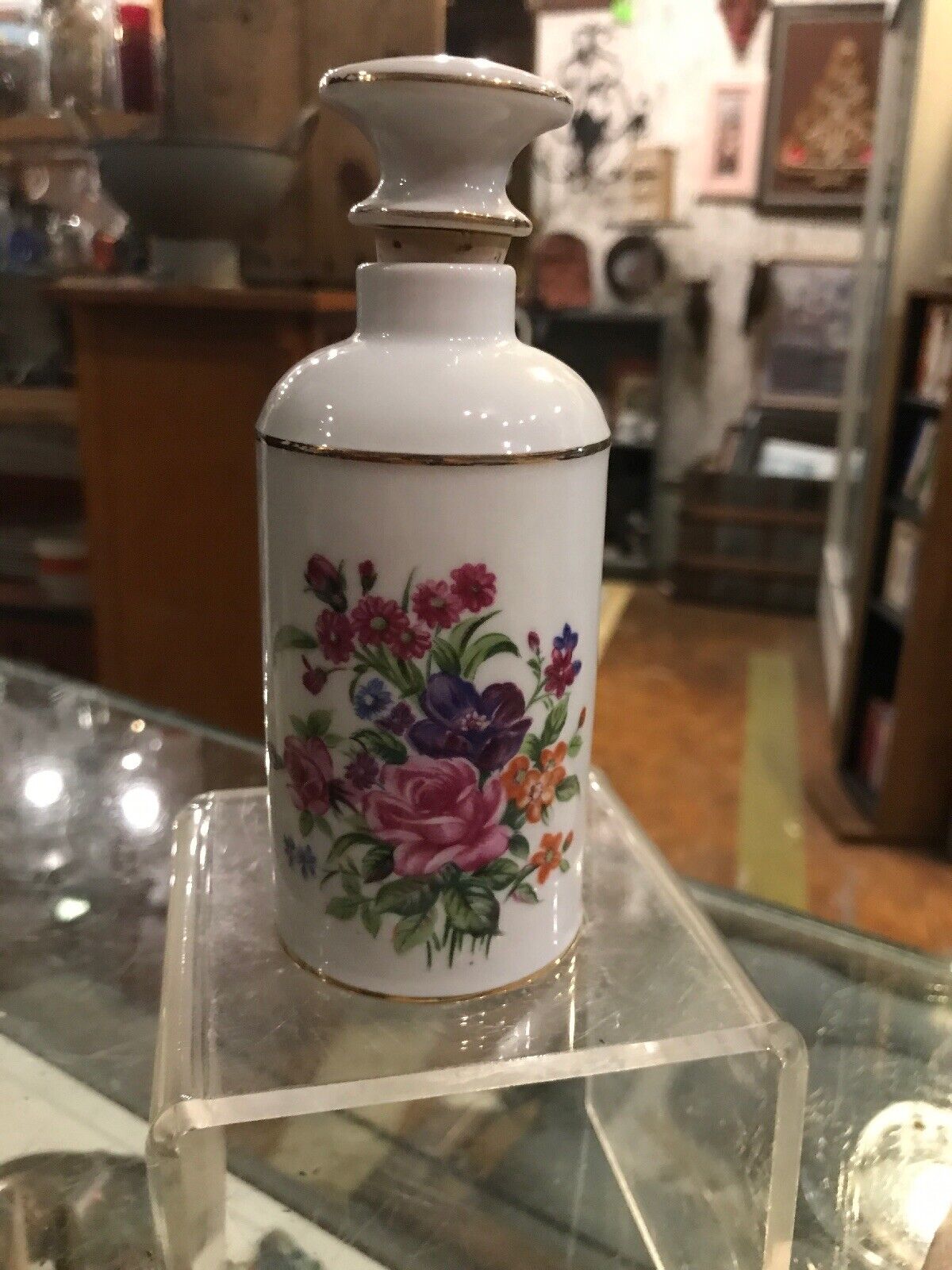 Vintage Antique Floral Flowers Perfume Bottle Cork Stopper 