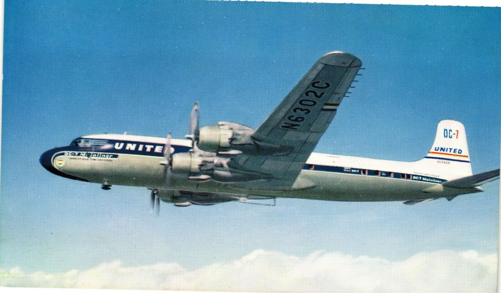United Airlines DC-7 Jet in Flight Unused 1957 Postcard