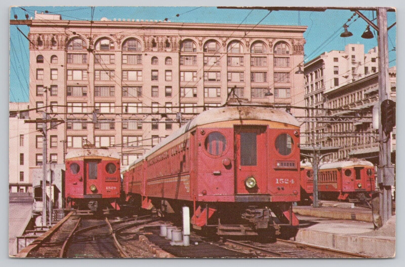 Postcard Los Angeles Pacific Electric #1524 The Big Red Cars 6th & Main Station