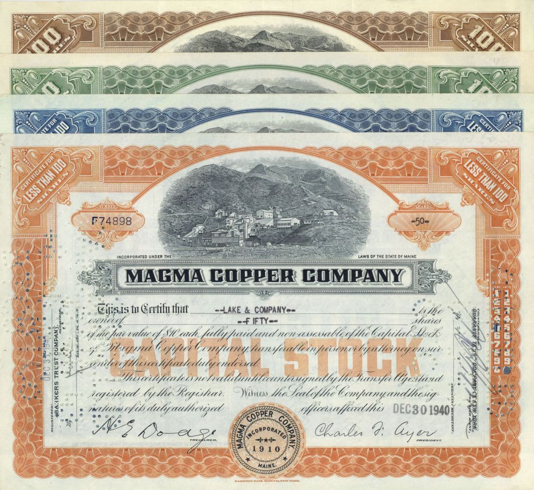 Four Magma Copper Co. Stocks - 1920's-40's dated Attractive Arizona Collection o