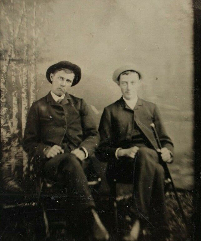 C.1880s Tintype 2 Dapper Men Suit & Tie W Cue Stick Rural Backdrop T5