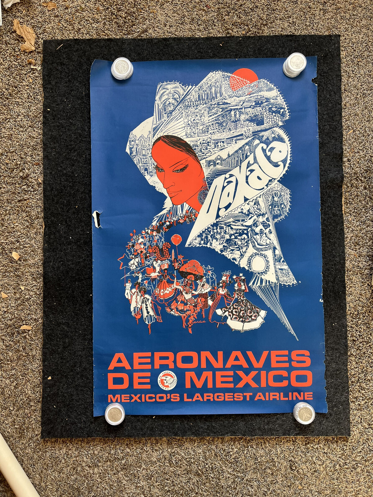 1960s Mexico Aeronaves De Mexico Original Travel Poster, Vintage Mexican Art, C
