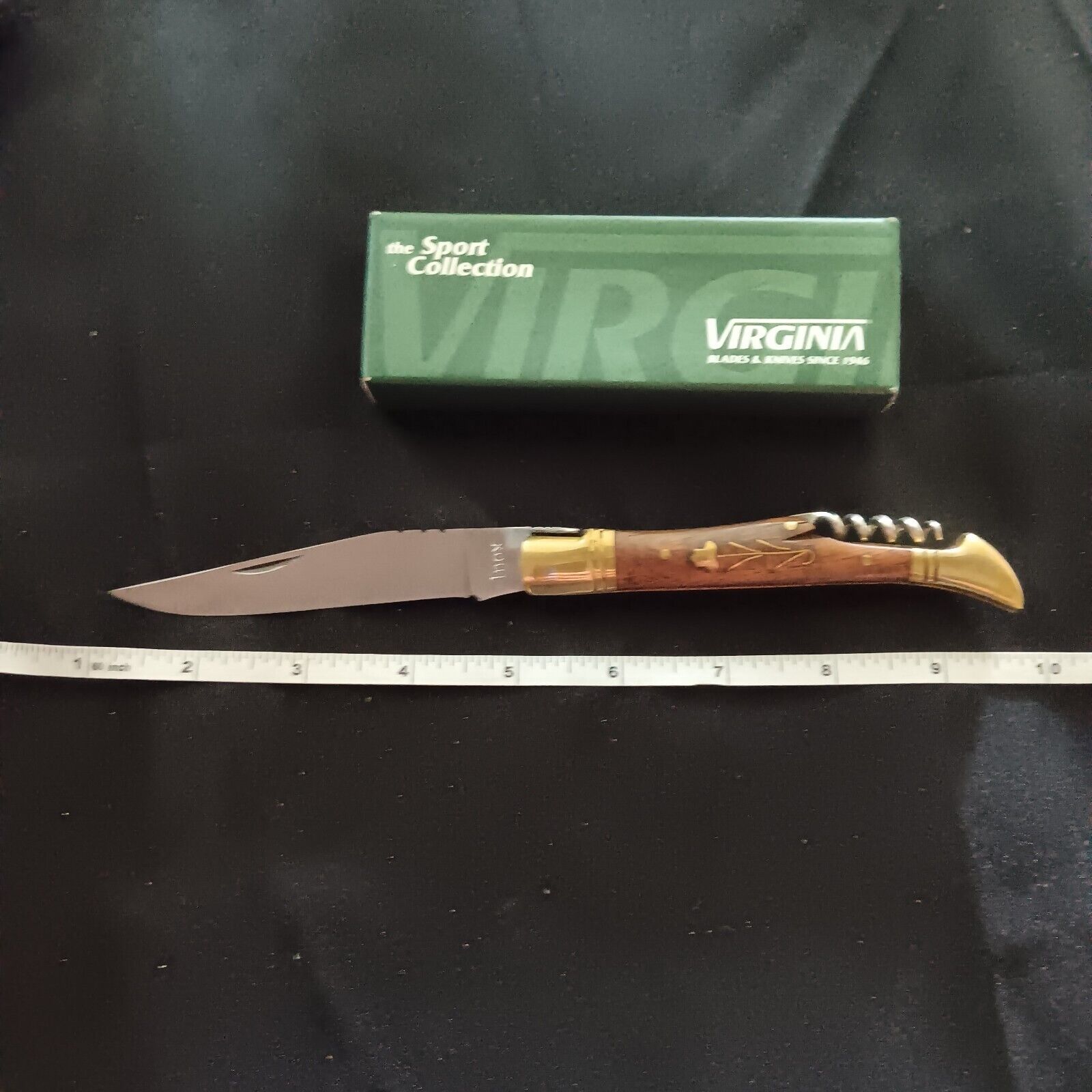 Brand New Virginia Knife With Wood Handle And Brass Inlays