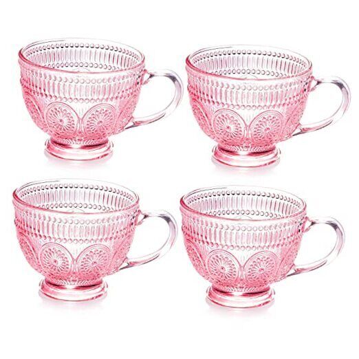 Vintage 4 Pack Glass Coffee Mugs with Handle-14 oz Pink Embossed Glass Cups 