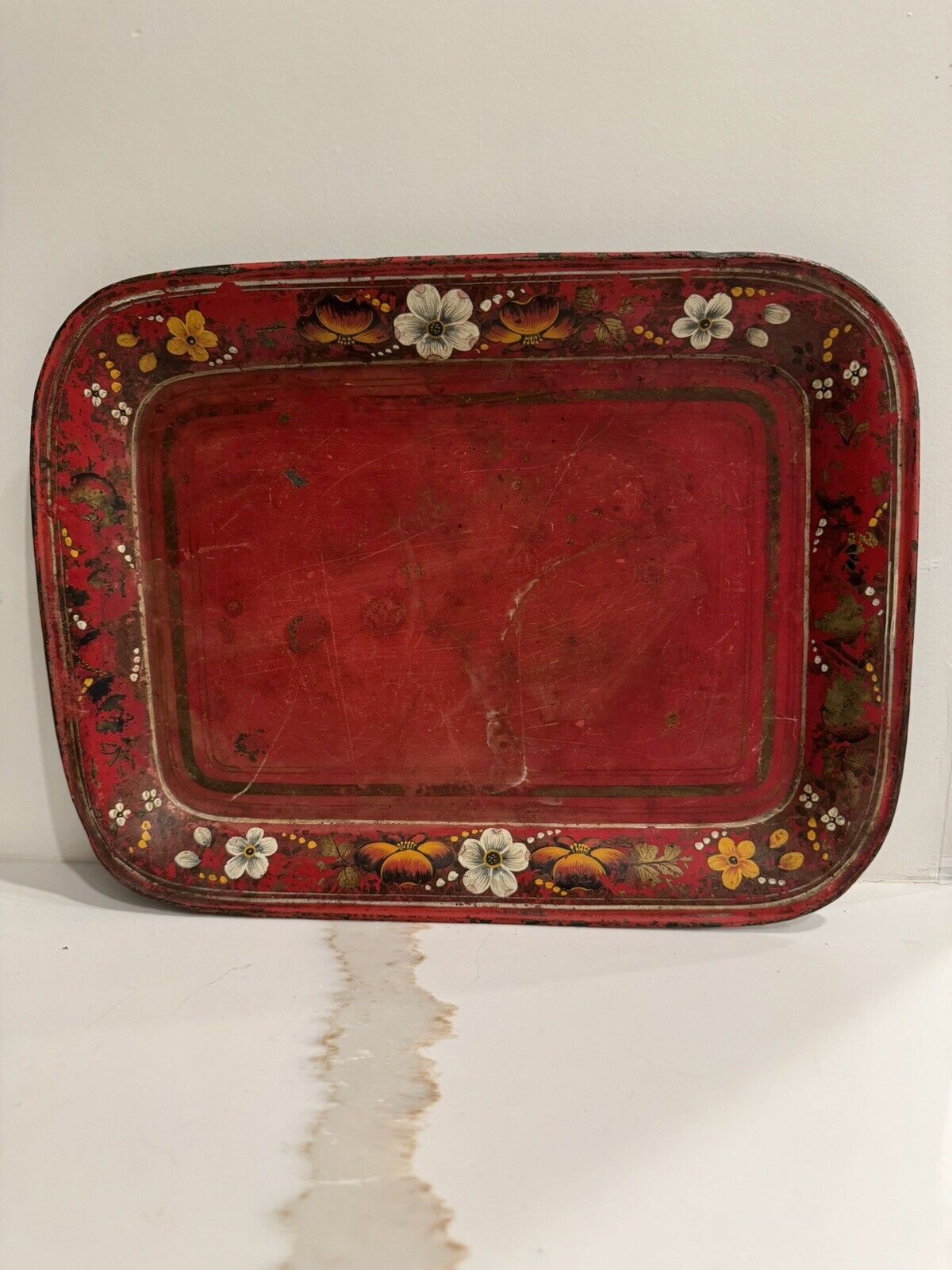 Antique 19c  TOLE Serving 12” RED TRAY  W Floral Border