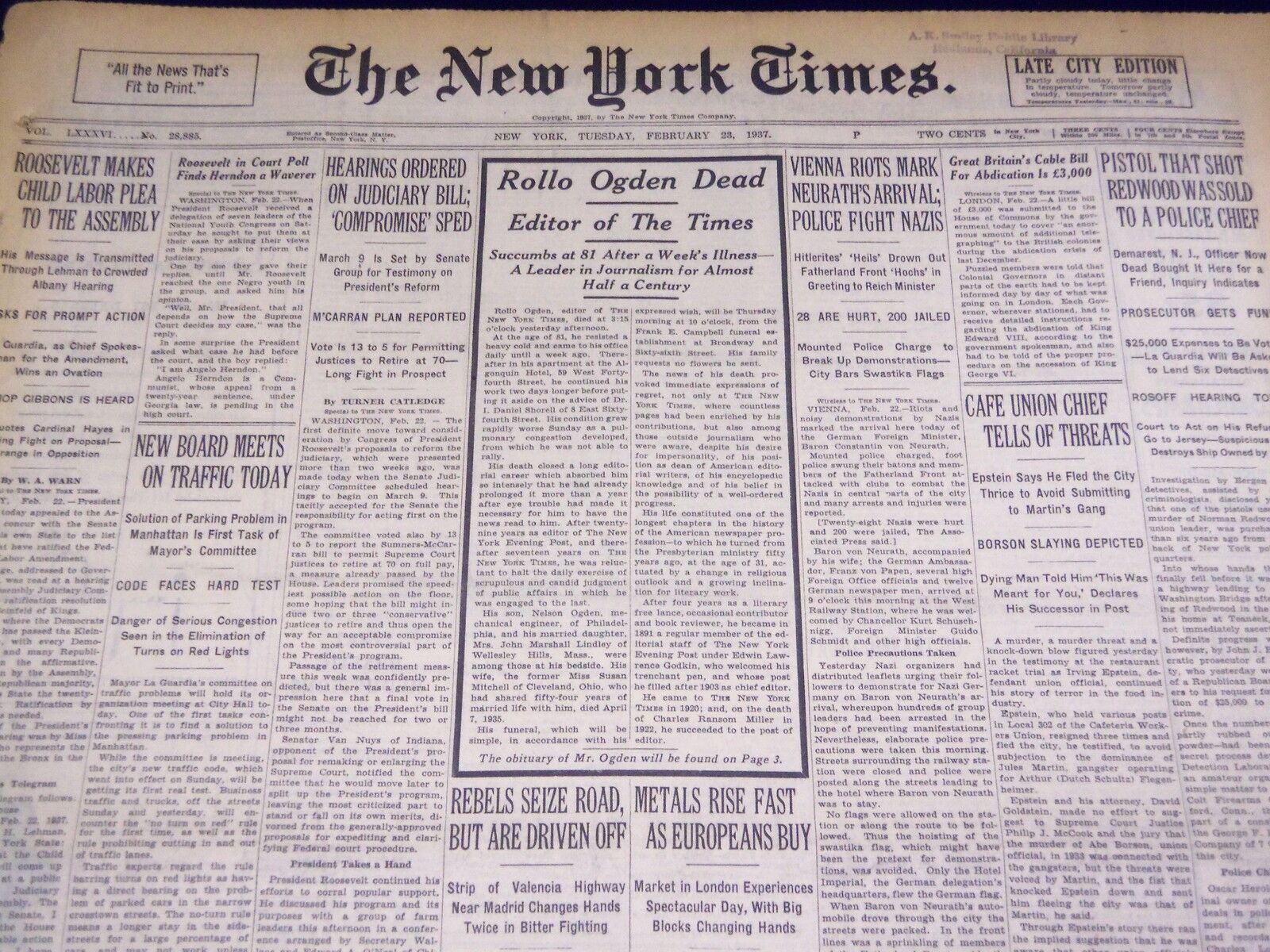 1937 FEB 23 NEW YORK TIMES - ROLLO OGDEN DEAD EDITOR OF THE TIMES - NT 1298