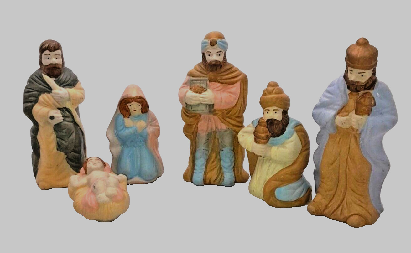 Ceramic Christmas Nativity Set Baby Jesus Mary Joseph Three Wisemen Painted VTG