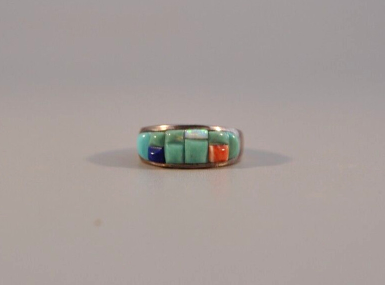 Vintage Navajo Silver Ring - Mosaic Inlay - Turquoise Opal Coral Lapis - Size  7