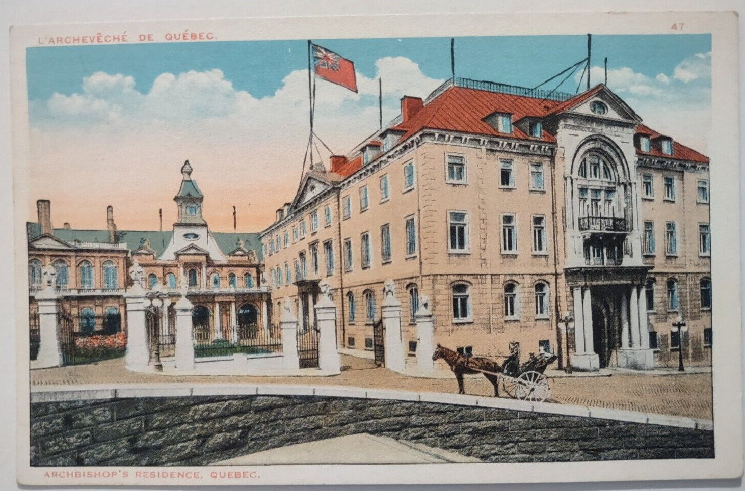 Vintage Archbishop\'s Residence Quebec Canada Postcard Flag Horse Carriage