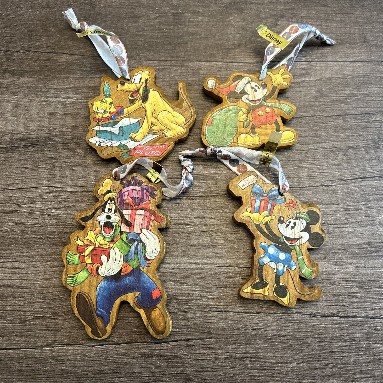 Disney Christmas Ornaments Wood Lot Of 4 Mickey Minnie Pluto Goofy