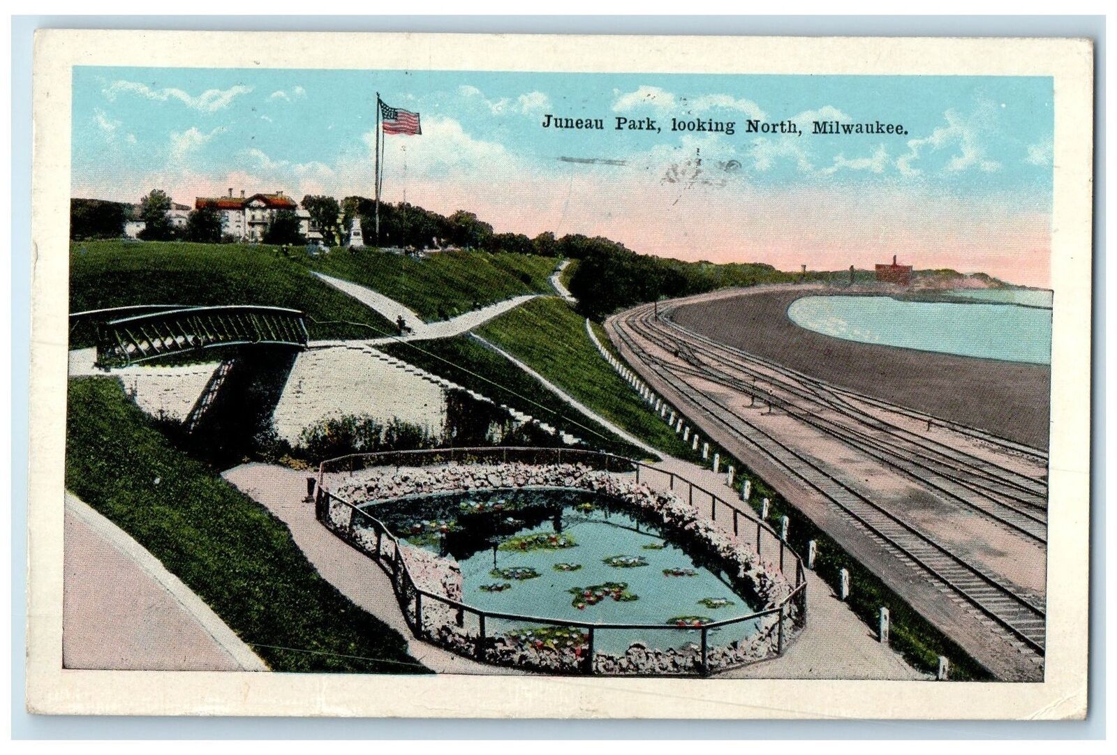 1919 Juneau Park Looking North Railroad Pond Flag Milwaukee Wisconsin Postcard