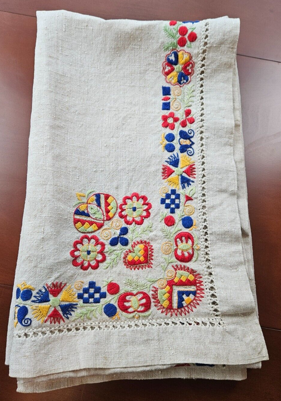 Antique Scandinavian Embroidered Tablecloth~ Tapestry 54 x 57 Homespun Wedding