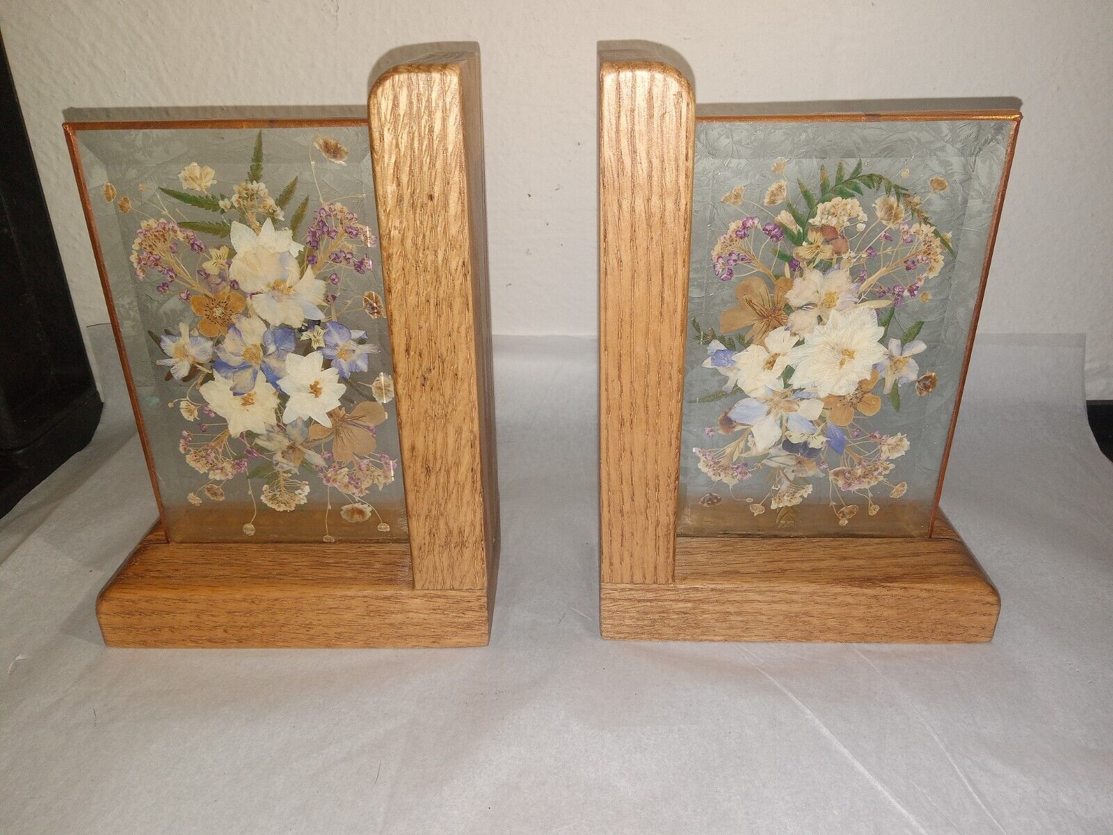 Beautiful Pressed Flower Glass and Wood Book Ends
