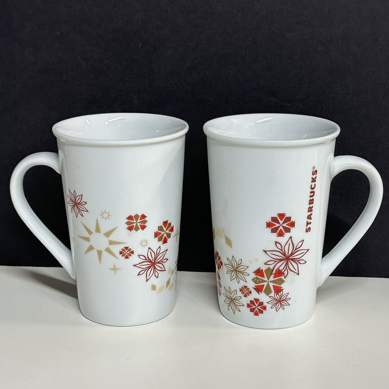 Starbucks Coffee Mugs 2013 Snowflake Red & Gold 12 oz Tall Handle Christmas (2)