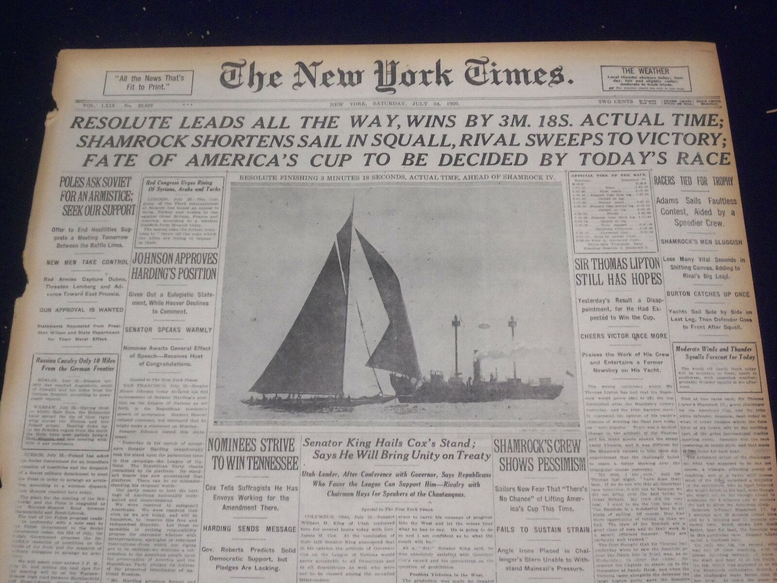 1920 JULY 24 NEW YORK TIMES - RESOLUTE WINS CUP TO BE DECIDED TODAY - NT 9339
