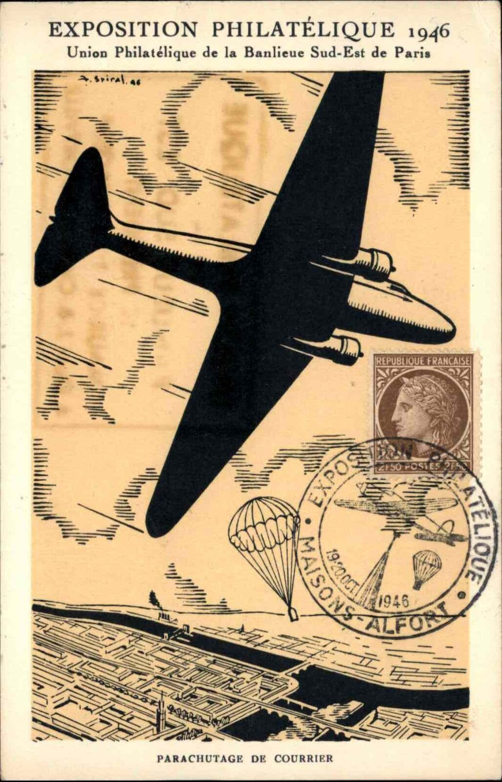 Exposition Philatelique Airplane Art Deco Paris 1946 Stamp/Cancel Postcard
