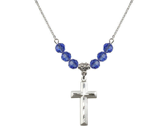 Cross, September Birthstone Necklace, Sterling Silver, Sapphire, 18 Inch Chain