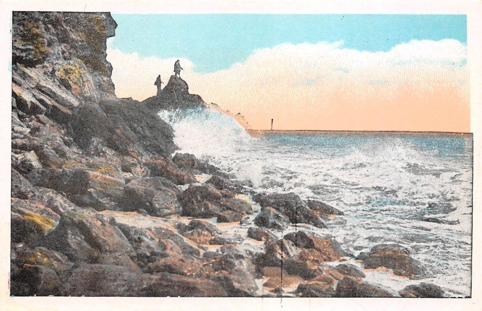 D1610 2 People on Rocks Watching Pacific Ocean Waves California Vintage Postcard