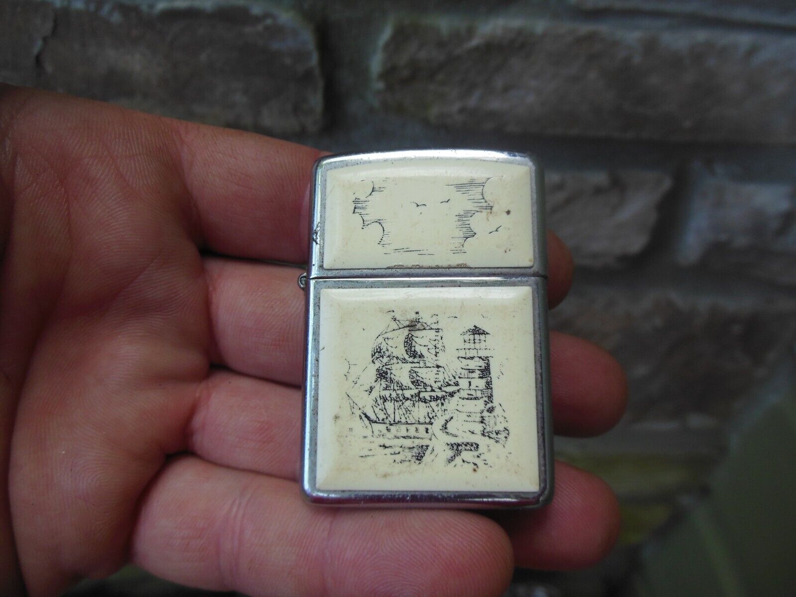 Vintage 90\'s Scrimshaw Ship And Lighthouse Double Sided Zippo Lighter Works