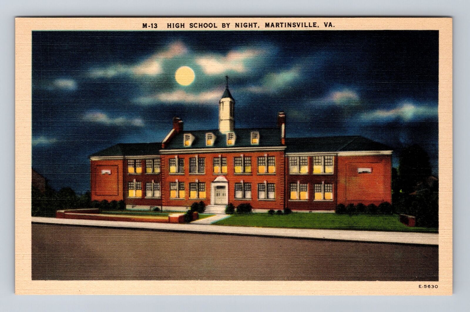 Martinsville VA-Virginia, High School By Night, Antique, Vintage Postcard