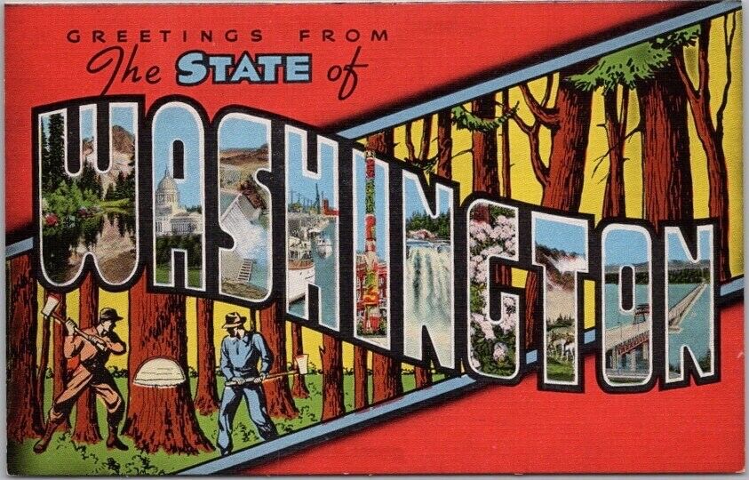 WASHINGTON Large Letter Postcard Logging Scene / Kropp Linen c1940s Unused