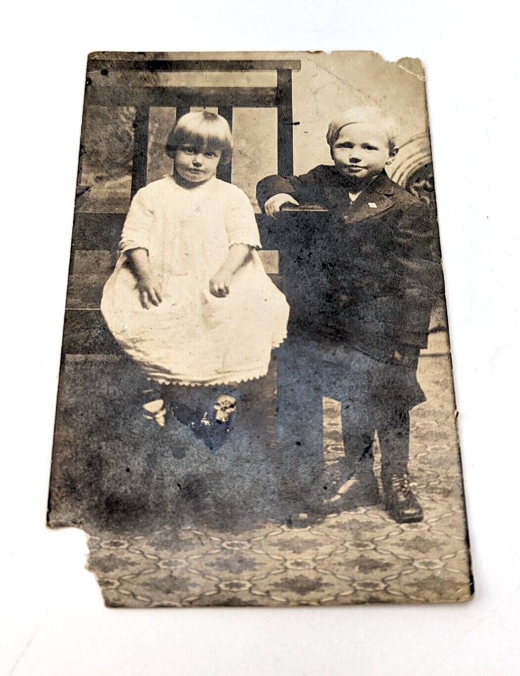 Antique c. 1904-1918 Real Photo Postcard AZO Well Dressed Boy and Girl #1D
