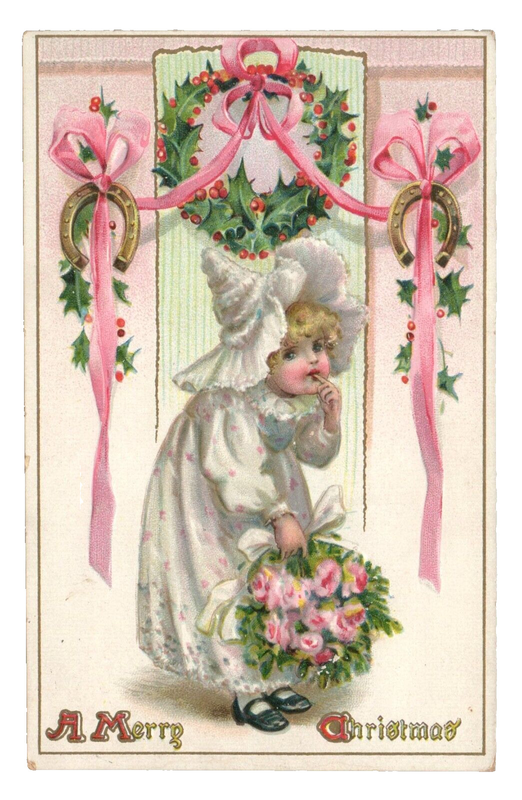 c1910 Pink Ribbon Roses Girl Finger in Mouth Bonnet Christmas Postcard VTG Tucks