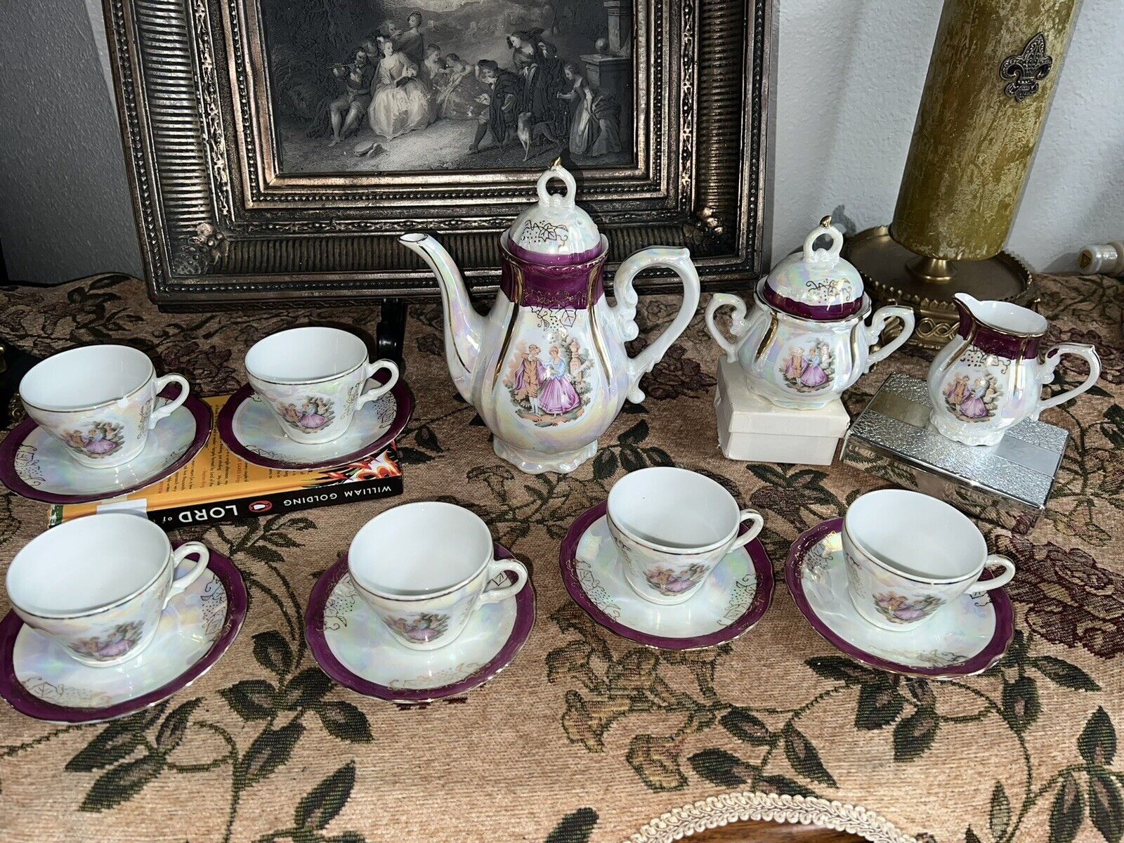 Antique Vintage Victorian romantic scene 17 pieces China Tea set   Pot Japan