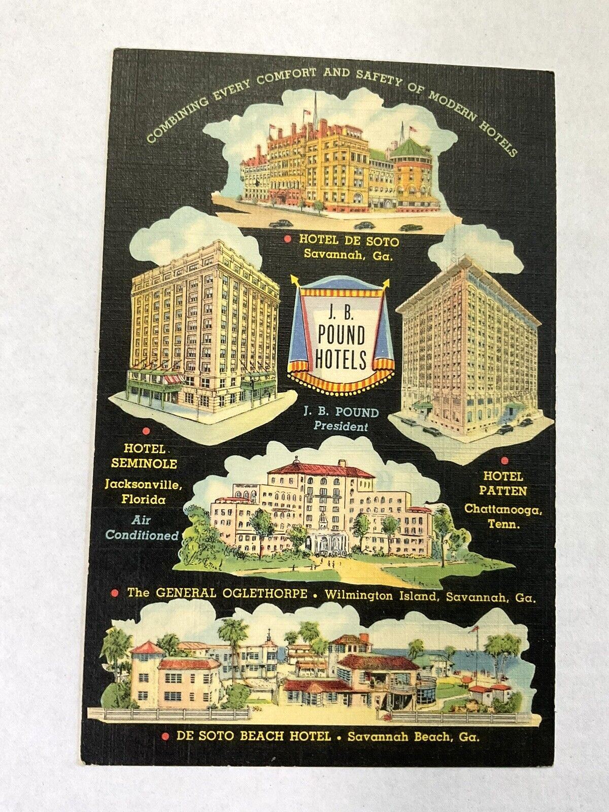Savannah Beach, Georgia Postcard J B Pound Hotels, De Soto, Seminole, Patten…