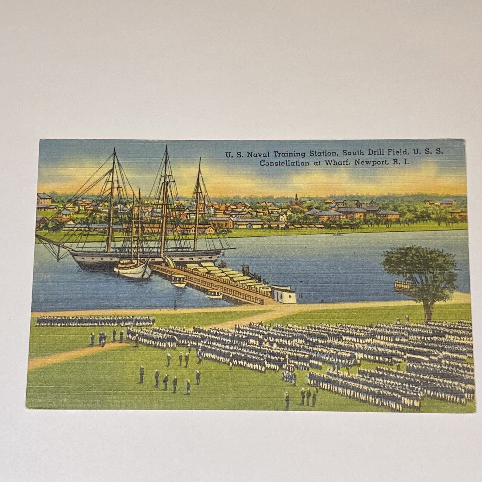 US Naval Training Station, USS Constellation, Newport RI Postcard UNP VTG Linen