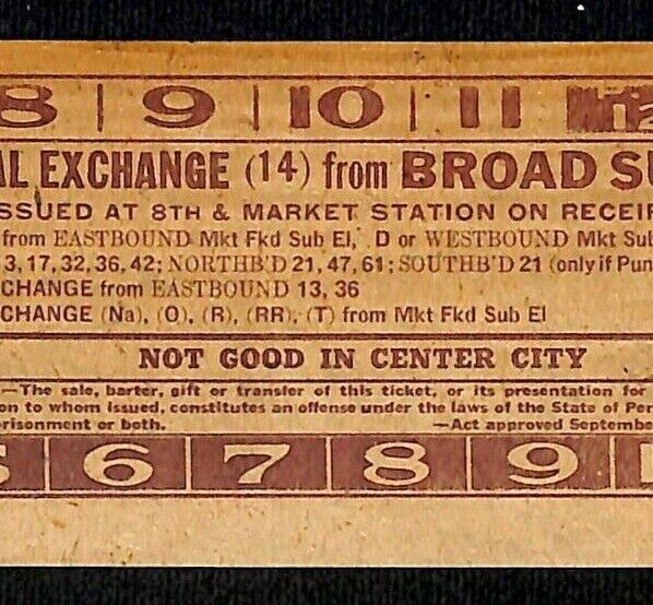Vintage c1940\'s-50\'s Ticket - Philadelphia Transit Co. - Broad Sub North #1800 