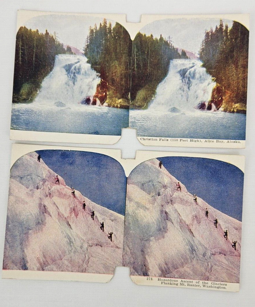 2 Alaska Photos~Stereograph~Christian Falls, Alice Bay~Mt Ranier Climb Glacier