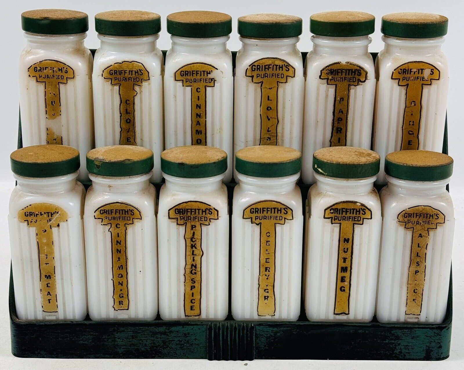 Griffith's Purified  12  Milk Glass Spice Jars /Lids  Counter / Wall Rack 1940’s