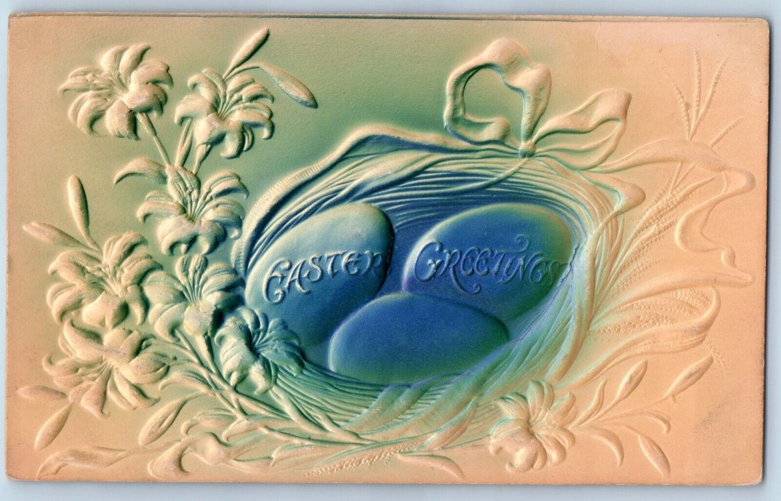 Plainview MN Postcard Easter Greetings Eggs Lily Flowers Airbrushed Embossed