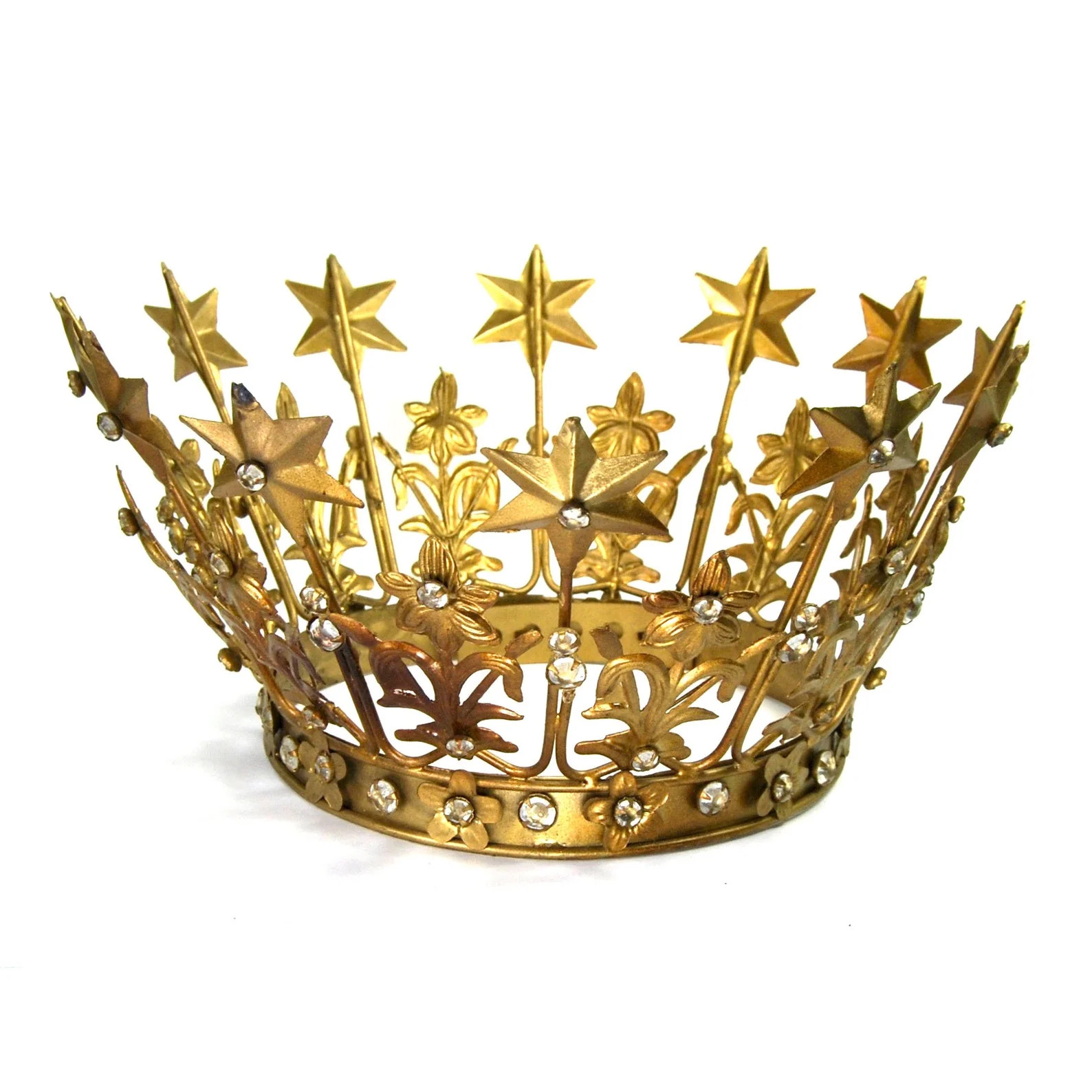 XL Santos Crown with Lilies Stars Rhinestones Antiqued Gold, 6.25