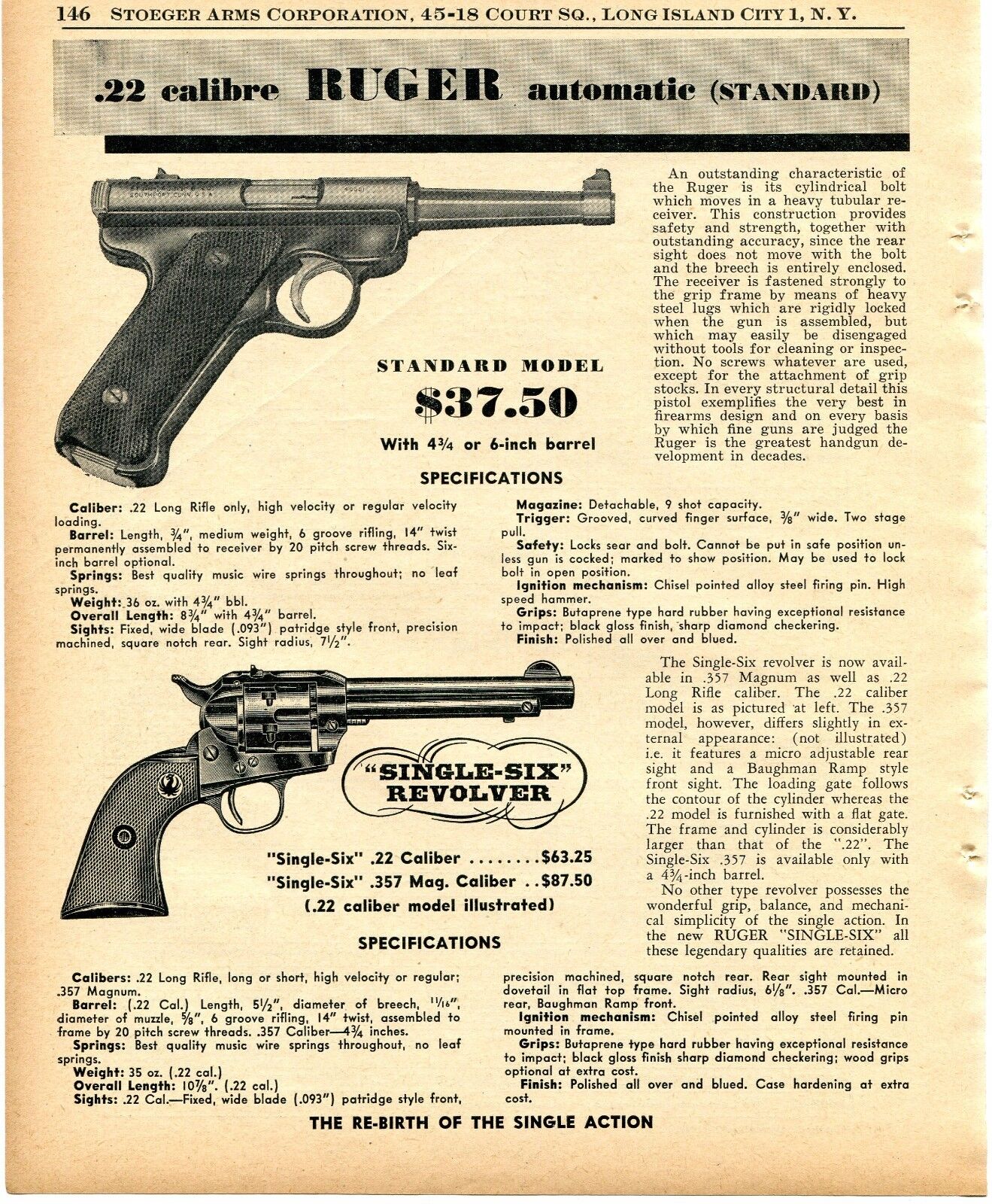 1956 Print Ad of Sturm Ruger Standard .22 Pistol & Single-Six Revolver