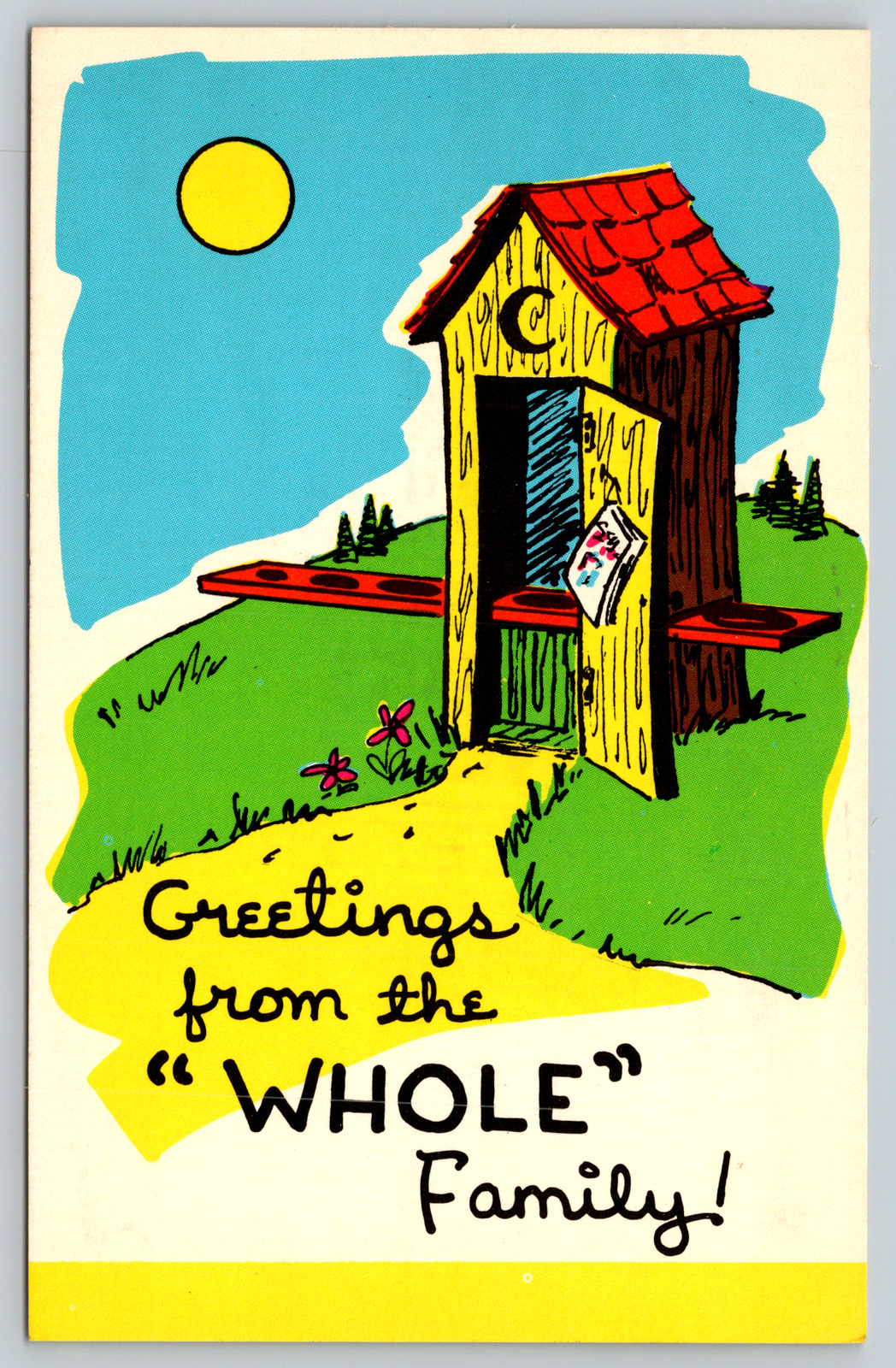 c1960s Greetings from the Whole Family Outhouse Comic Art Vintage Postcard