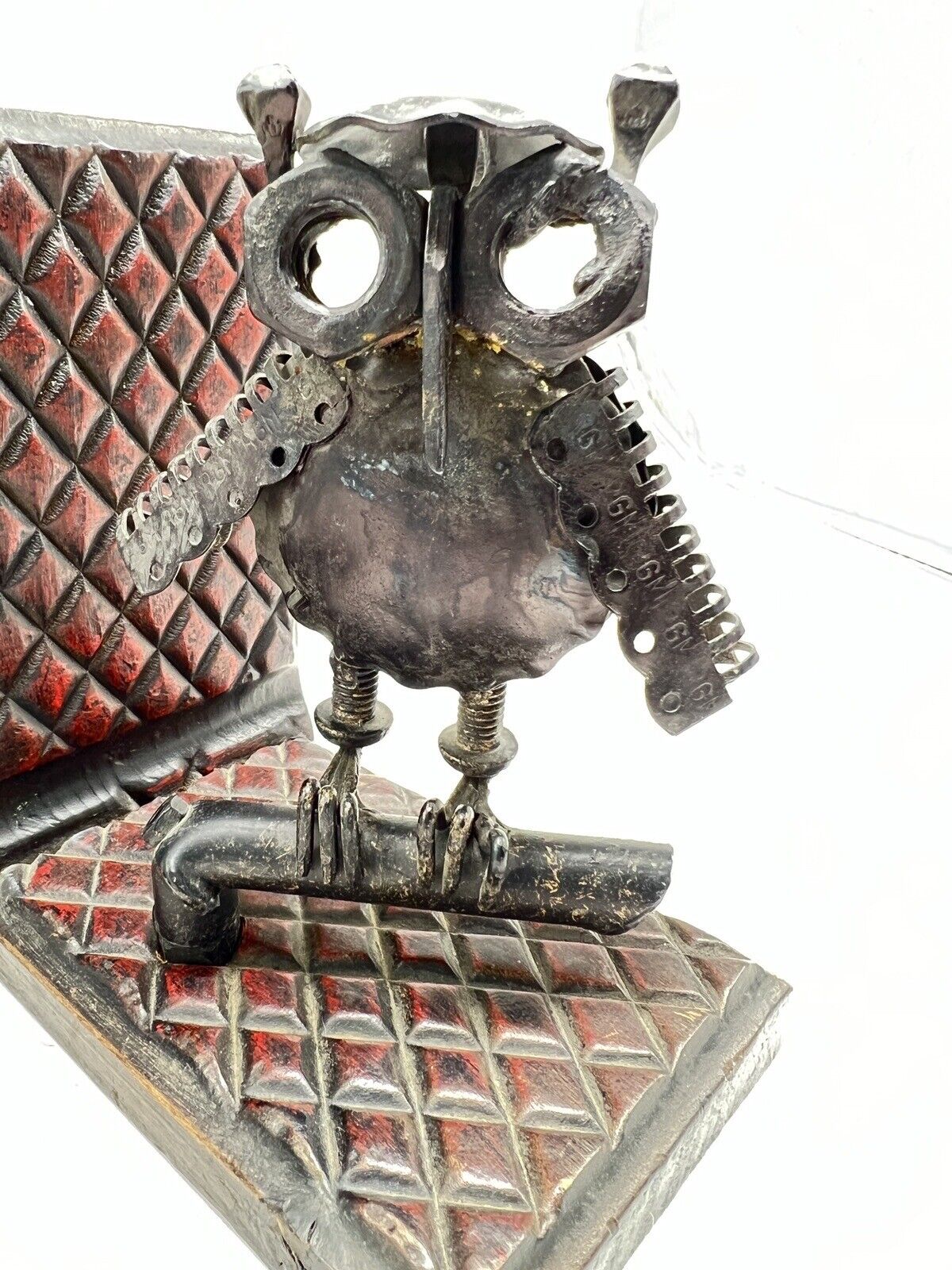 Steampunk Metal Art Owl Bookends Figurines Made in Spain Tag Mid Century Vintage