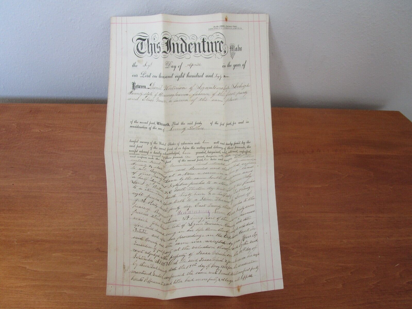 Antique Land Documents 1889 Lehigh County Pennsylvanis signed