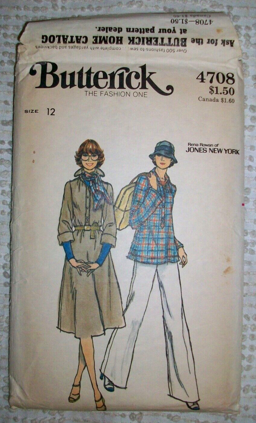 Vintage Butterick 70s Sewing Pattern 4708 RENA ROWEN Dress Top Pants Scarf 12