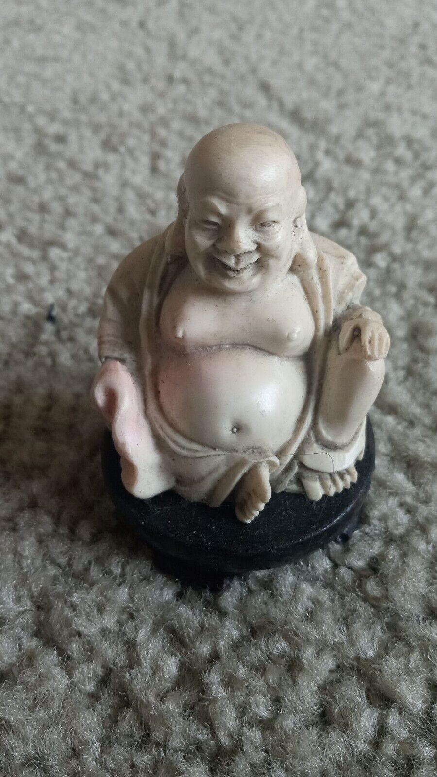 Happy Buddha Resin Figurine Feng Shui Statue Idol Hand Carved Look Sitting Ivory